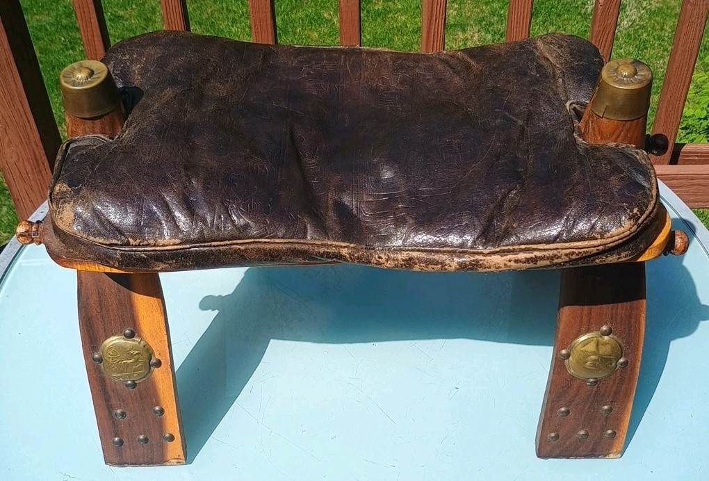 Vtg Egyptian Camel Saddle Seat Foot Stool w/Brass Medallions & Leather Cushion