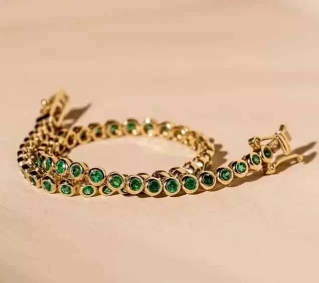 9Ct Round Lab Created Green Emerald Bezel Tennis Bracelet 14K Yellow Gold Plated
