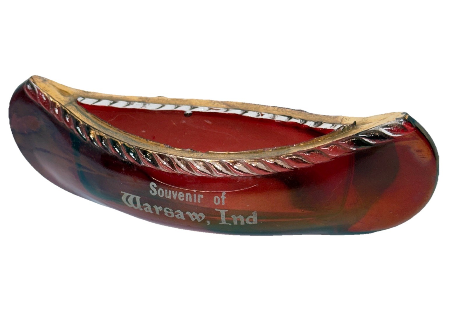 WARSAW , INDIANA Antique Ruby Red Flash Souvenir Glass Boat Trinket Candy Dish