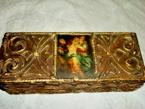 Italian Florentine Antique Box Holy Family Icon Christianity Gilt Wood Gesso OLD