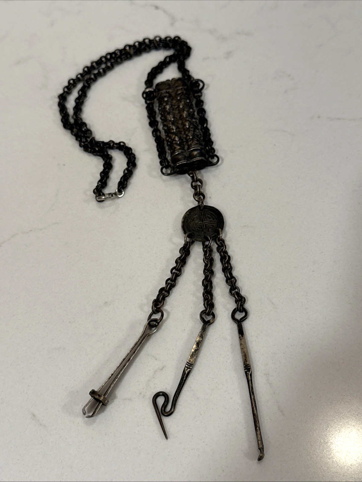 Antique Silver Chinese Opium Chatelaine With Tools and Snuff Box
