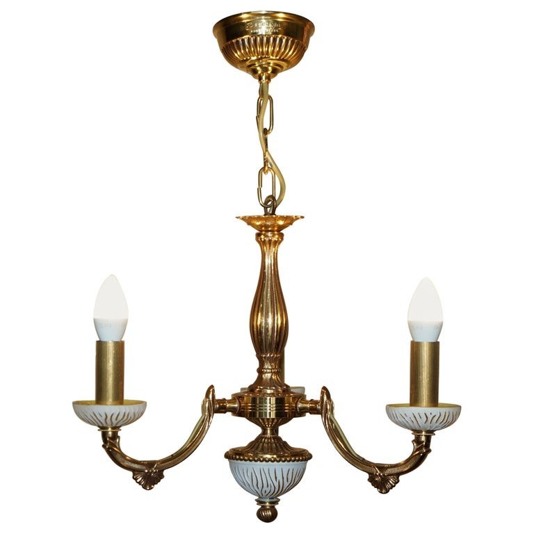 1 OF 4 RECCAGNI MADE IN ITALY BRASS & FROSTED GLASS 3 CANDLE LIGHT CHANDELIER