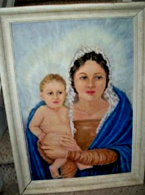 Antique Madonna Child Oil Painting Portrait Catholic Chruch Santa Fe NM Follett