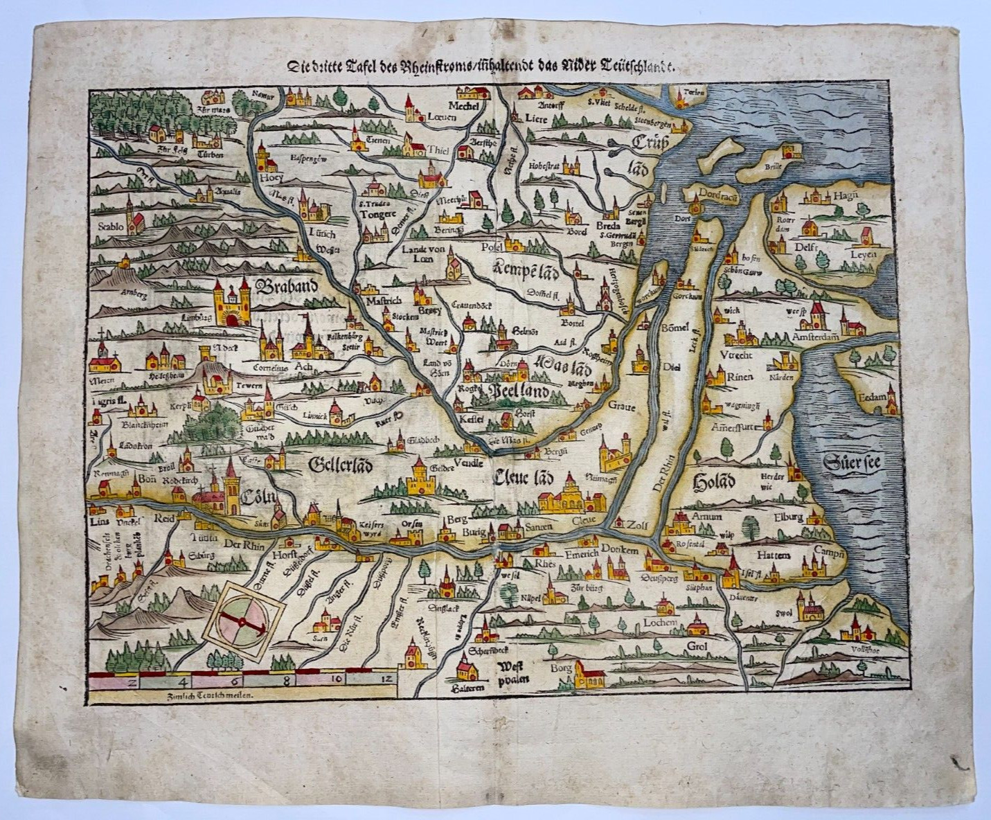 GERMANY LOW COUNTRIES 1578 SEBASTIAN MUNSTER LARGE ANTIQUE ENGRAVED MAP