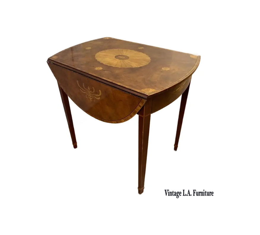 Vintage Baker Furniture Pembroke Drop Leaf Side Table w Inlay Design One Drawer