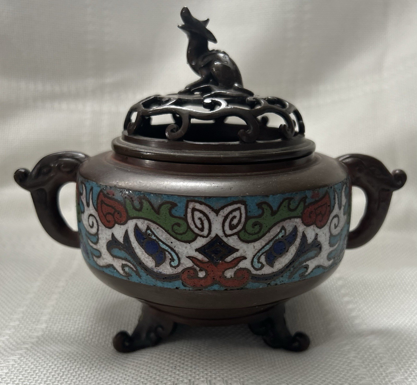 Vintage Chinese Bronze Cloisonne Footed Censer Incense Burner w/ Figural Dog Lid