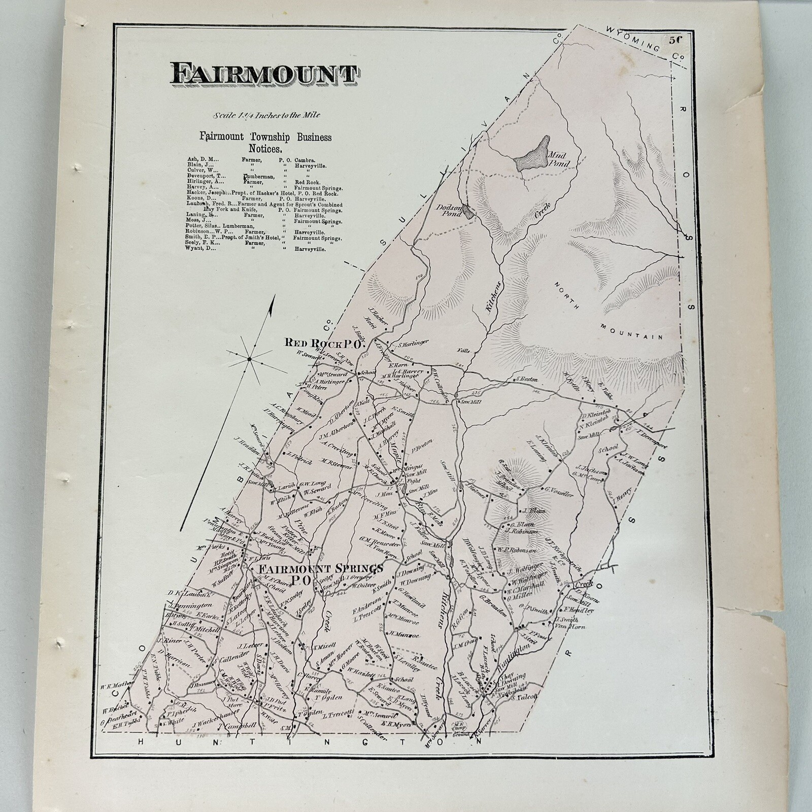 Antique Map Business Notice Fairmount Township from 1873 Atlas page 173 PA