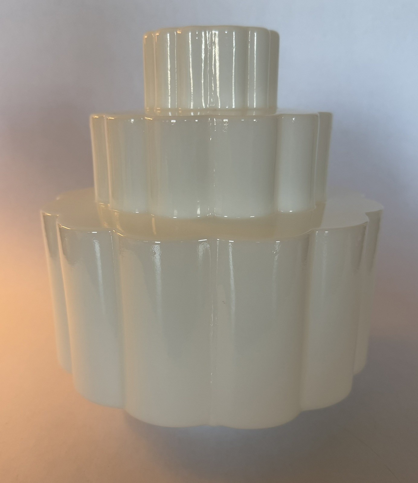 ITEM #0 1 – Vintage 8” Milk Glass Deco “Cake tier” Light Globe Immaculate Cond