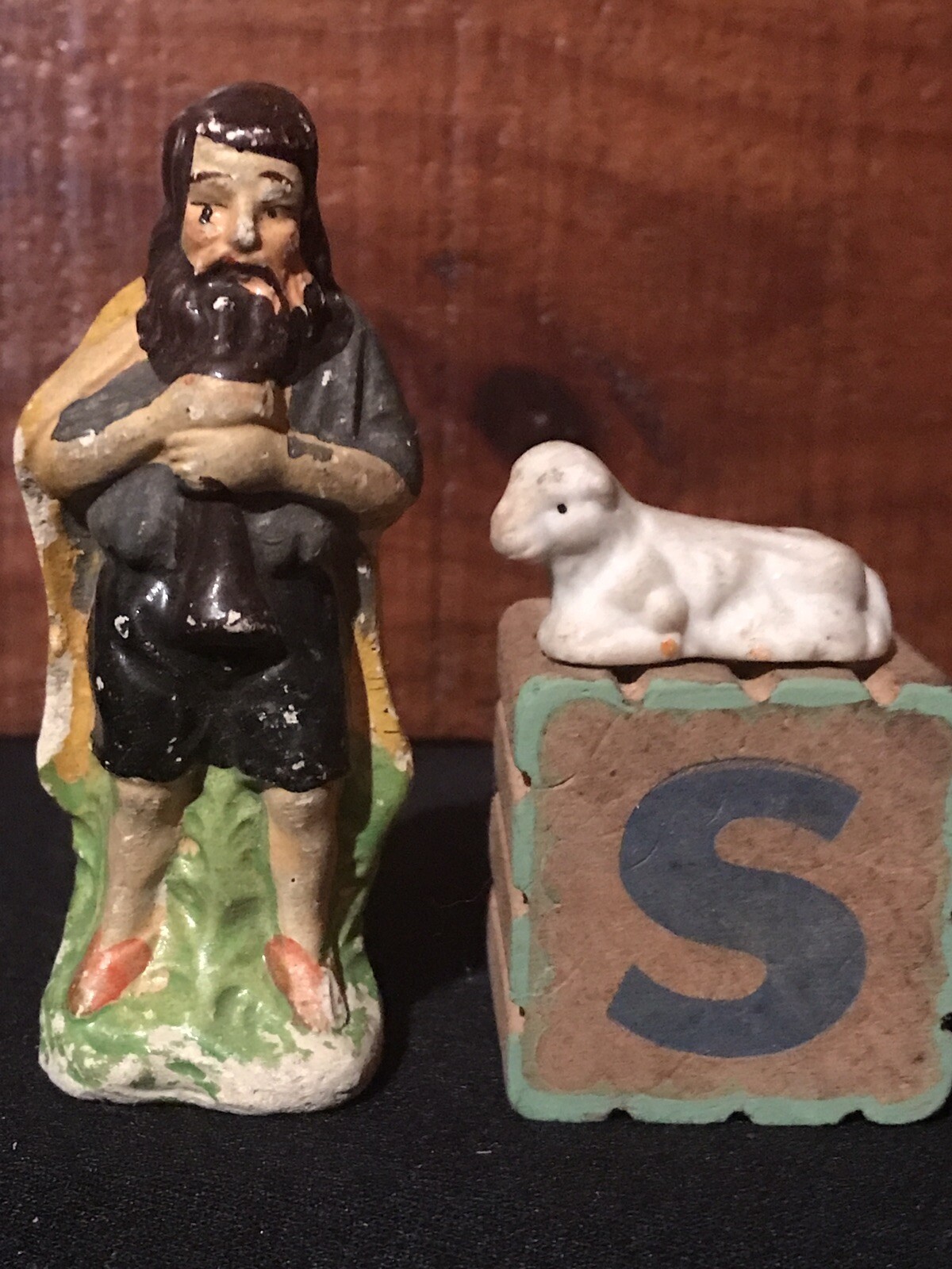 Antique Christmas Chalkware Shepherd & Sheep, Bottlebrush Trees & Toy Block AAFA