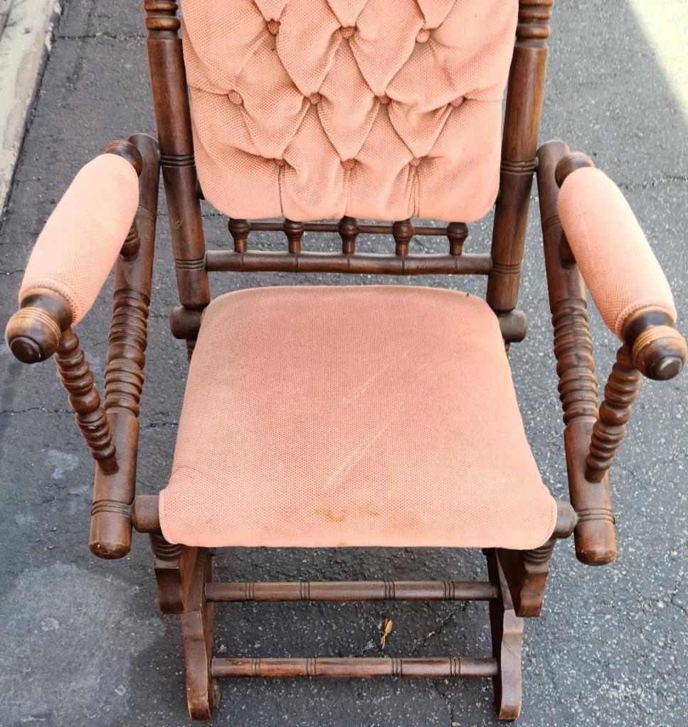Antique Gliding Rocking Chair – Solid Wood – NEEDS TLC – GREAT TUFTED UPHOLSTERY