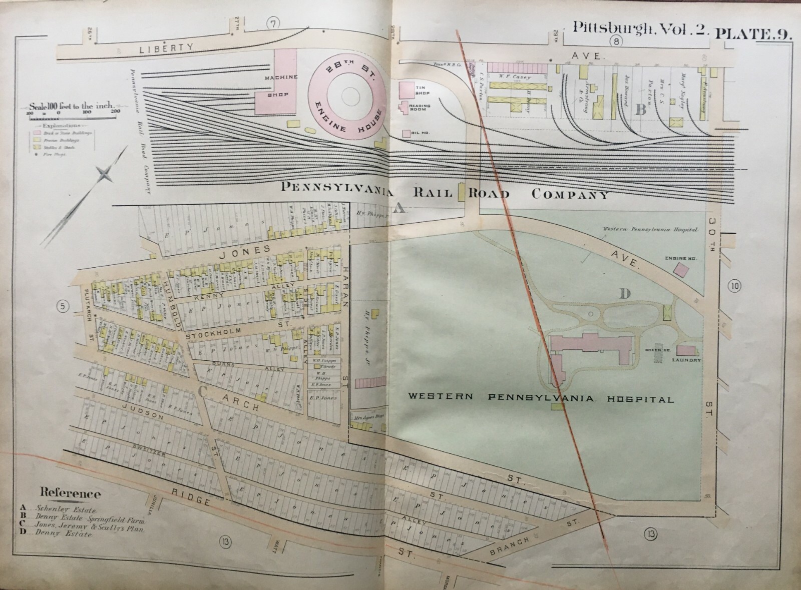 ORIGINAL 1889 BLOOMFIELD PITTSBURGH WESTERN PENNSYLVANIA HOSPITAL ATLAS MAP