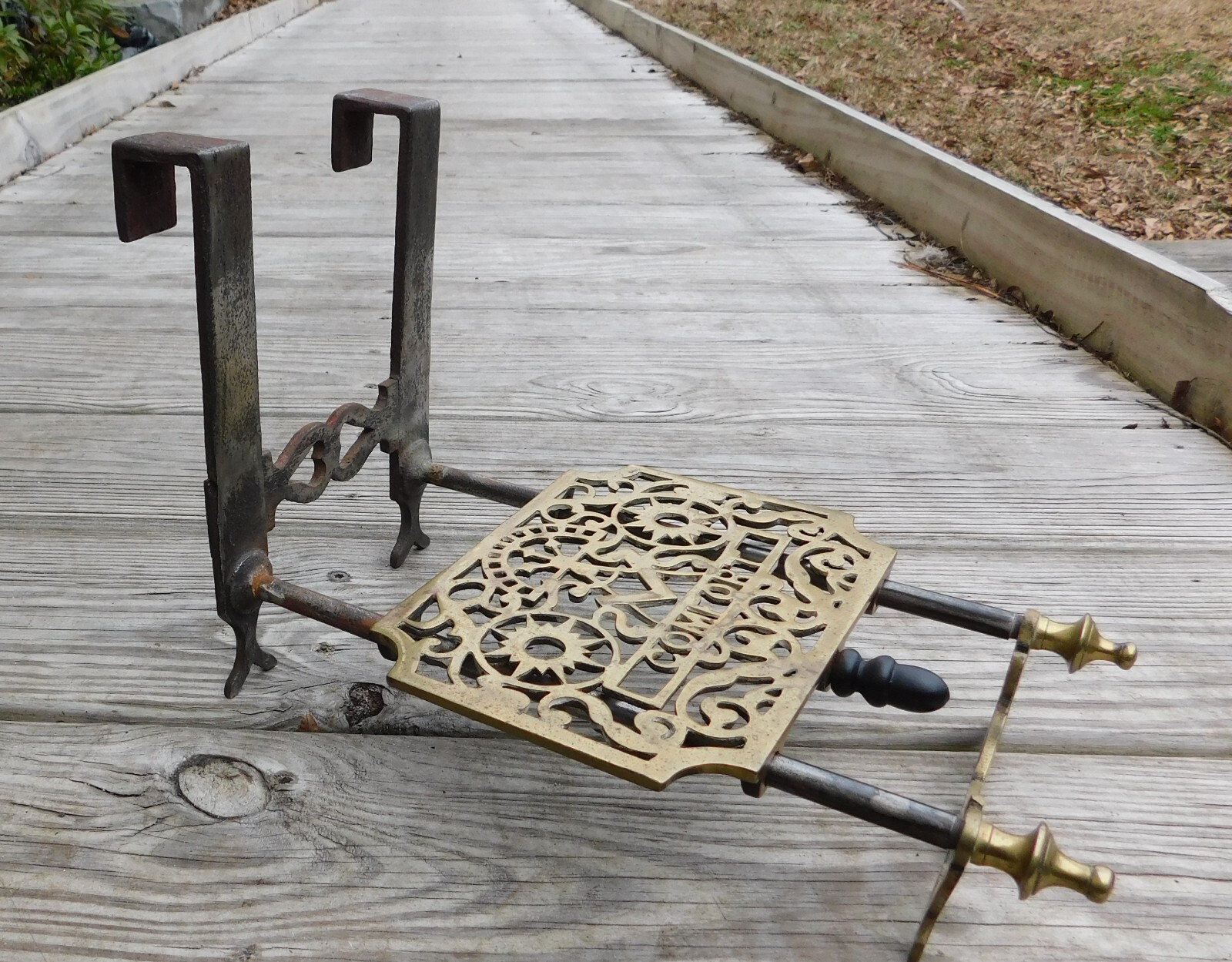 Hand Forged Brass and Iron Hanging Fireplace Trivet ~Masonic Emblem 19th Century