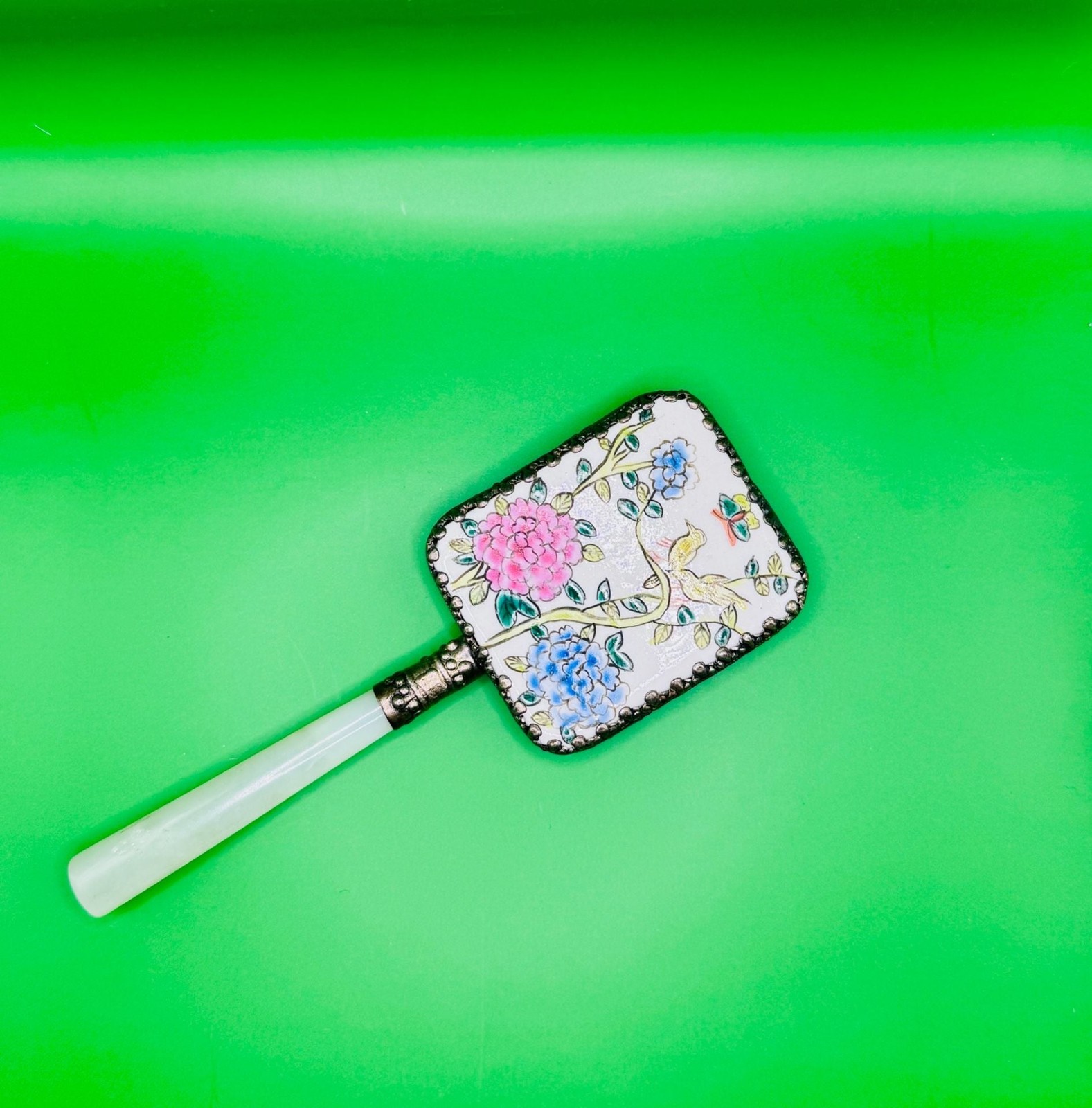 Vintage Chinese Export Hand Mirror with Jade Handle and Floral Porcelain Plaque
