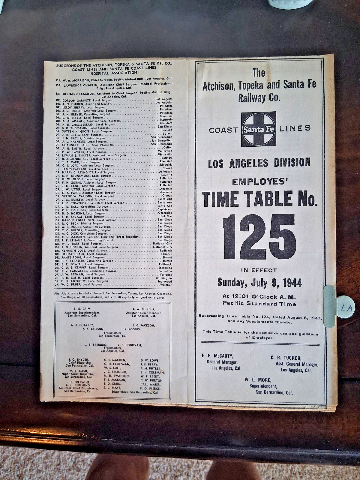 1944 Atchison, Topeka, Santa Fe Railroad Employee Timetable 125, Los Angeles Div