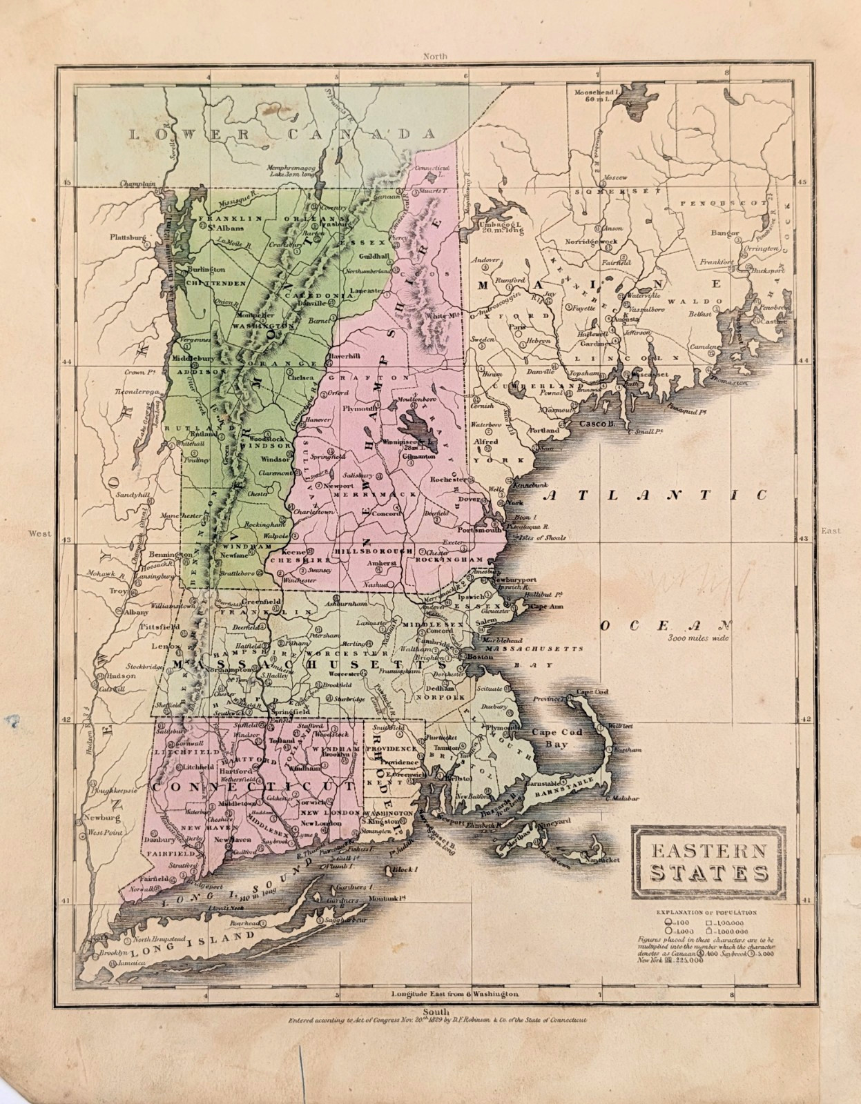 1829 NEW ENGLAND – NORTHEAST STATES Map ORIGINAL Robinson – MAINE – NANTUCKET