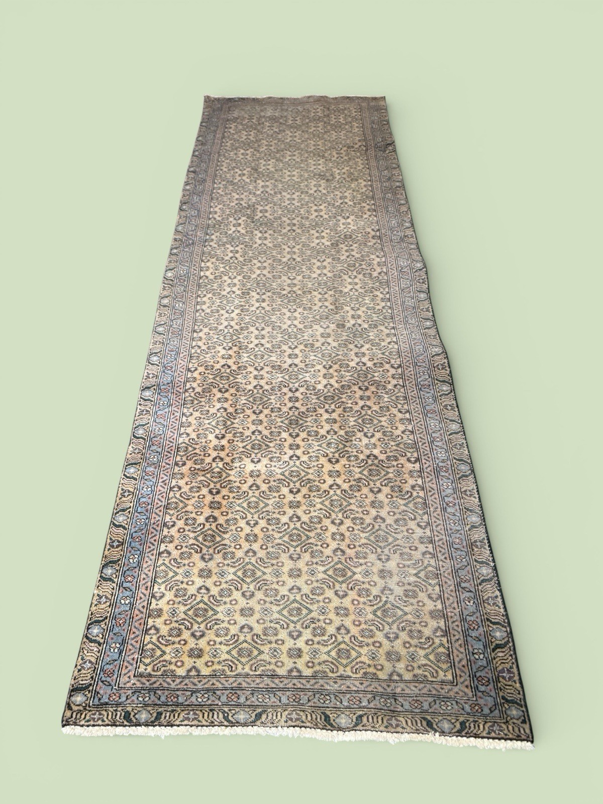 Distressed Vintage Turkish Beige And Blue Color Wool Runner 3’ X 10’ Handmade