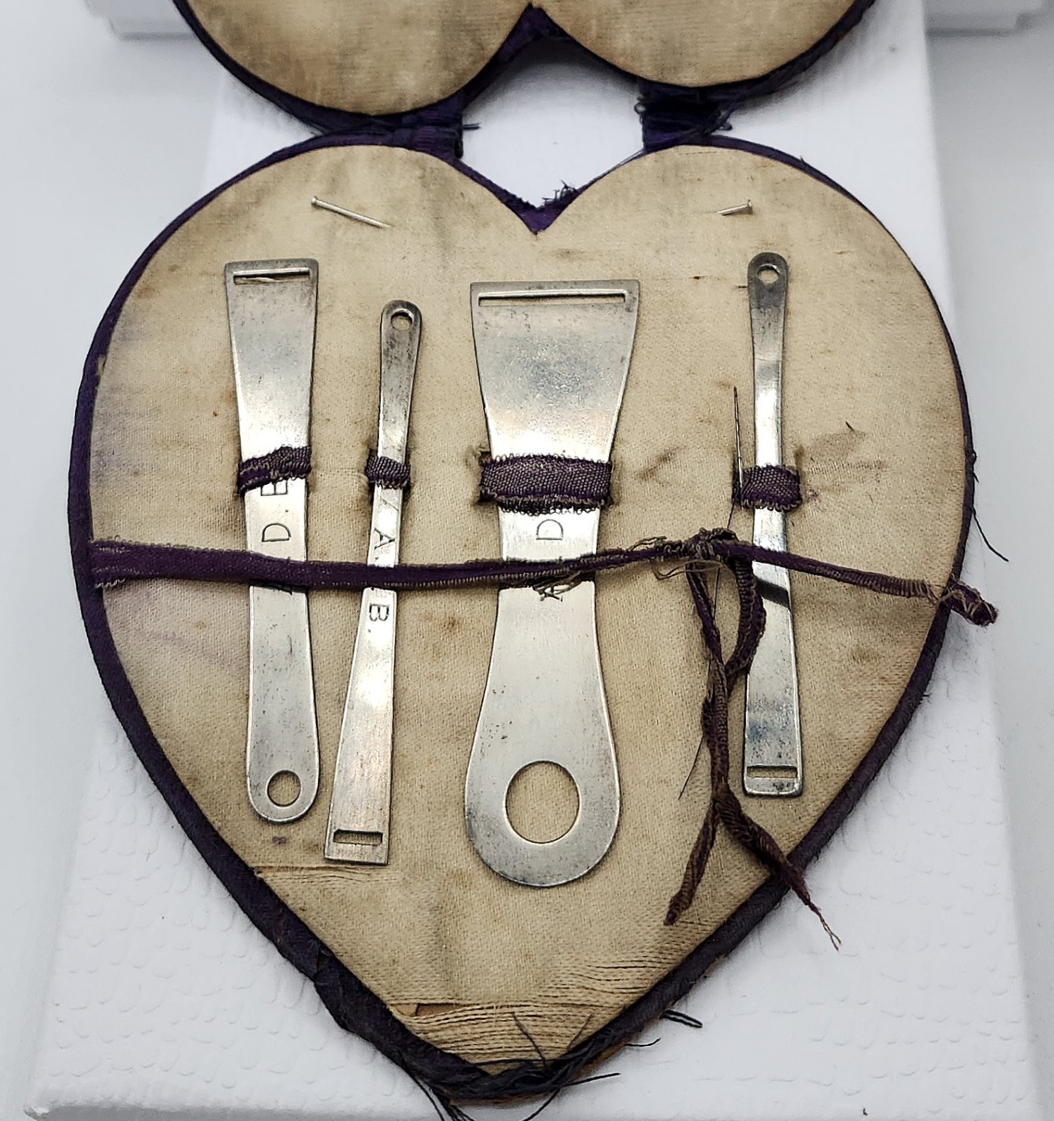 Antique Victorian 4 pc in Heart Case Sterling Silver Bodkin Ribbon Threader Set