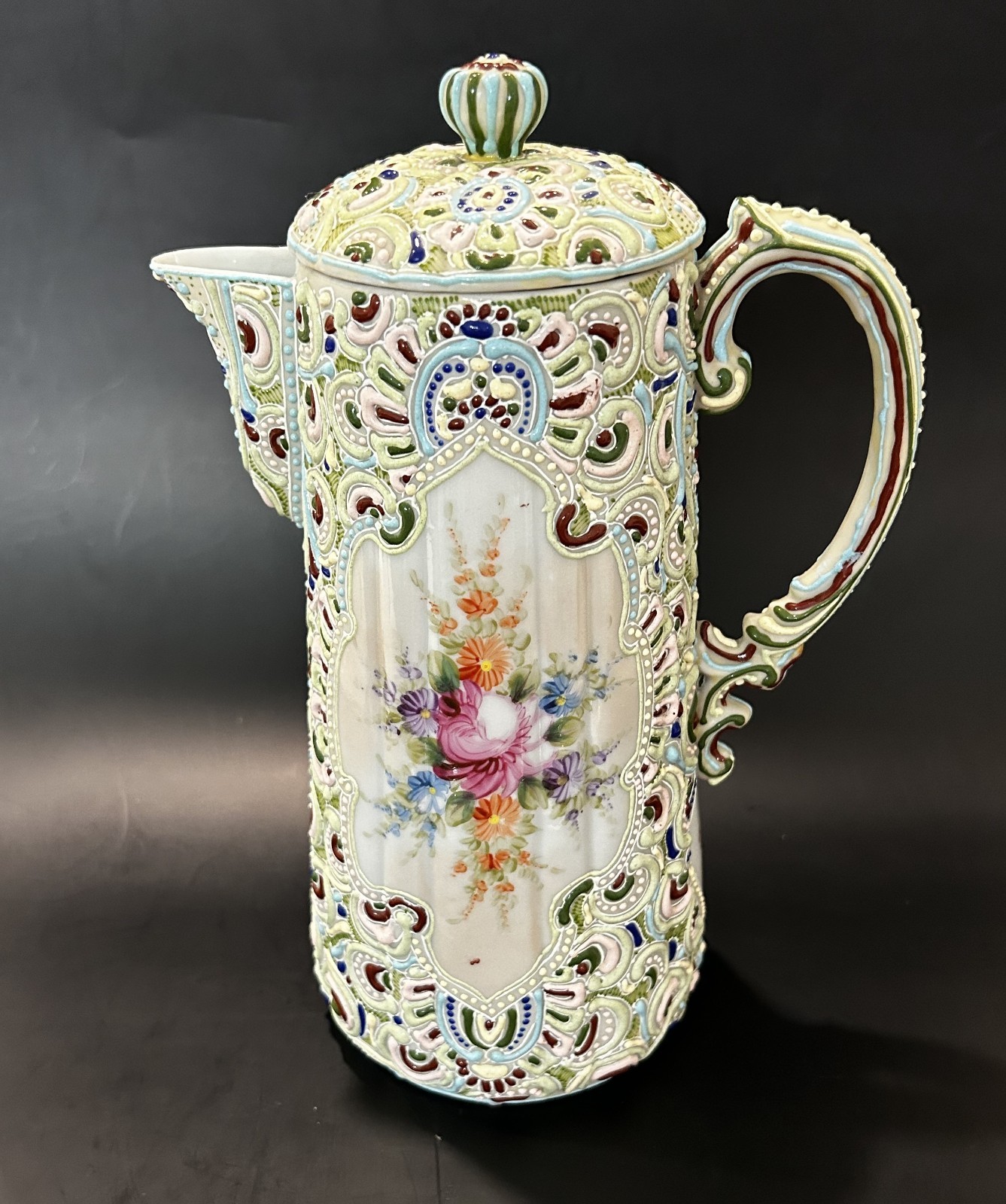 RARE Antique Nippon Jeweled Moriage Chocolate Pot FLUTED RIBBED Hand Painted 10″