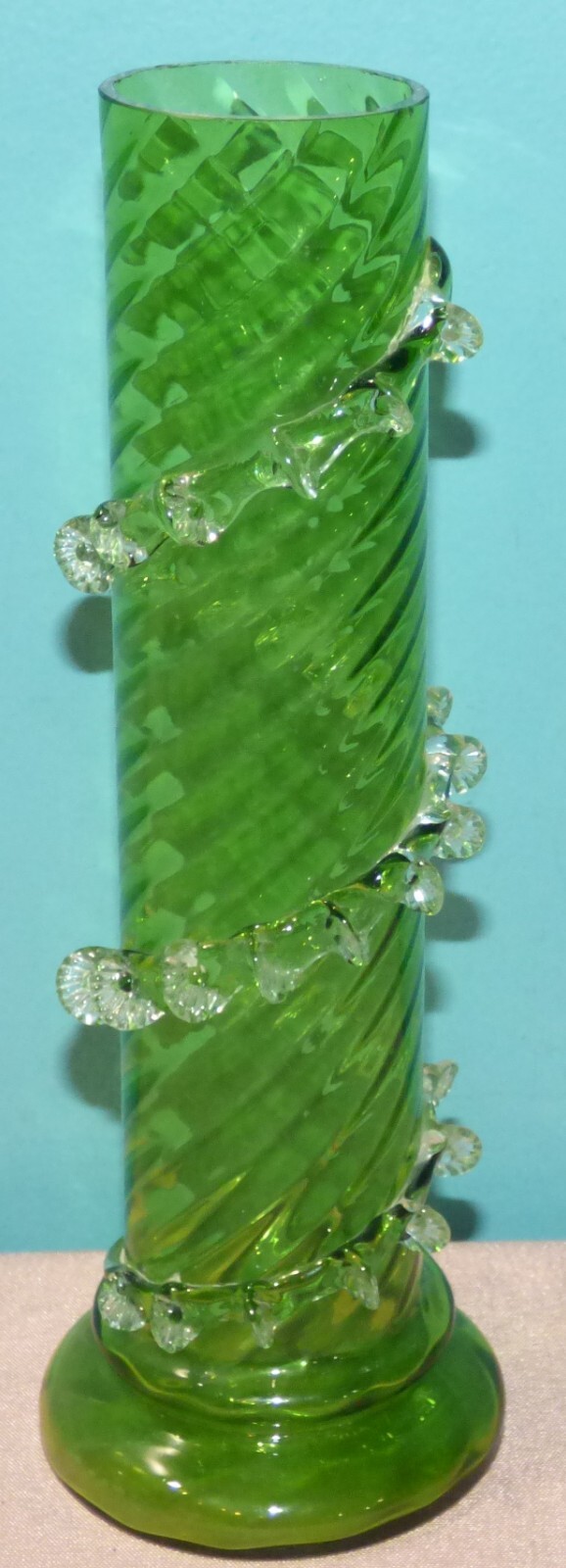 Victorian Green Glass Vase with Applied Glass Design 9 3/8″