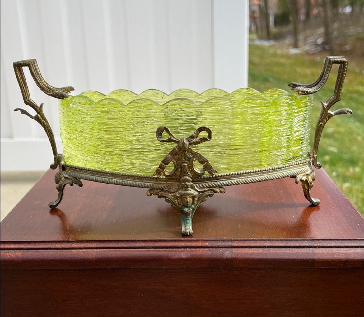 Antique French Ormolu & Loetz Style Glass Centerpiece Bowl Jardiniere Empire