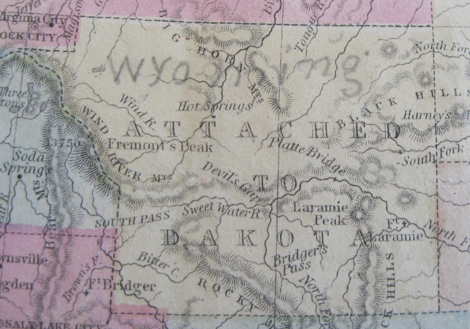 ca.1868 US Mitchell Map Wyoming attached to Dakota with Rare Script Annotation