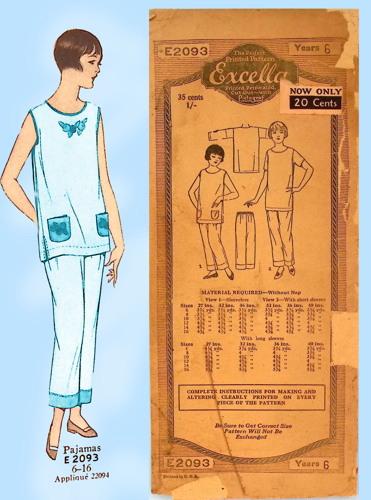 Excella Sewing Pattern E 2093 Girls Lounging Pajamas Tot Size 6 Uncut