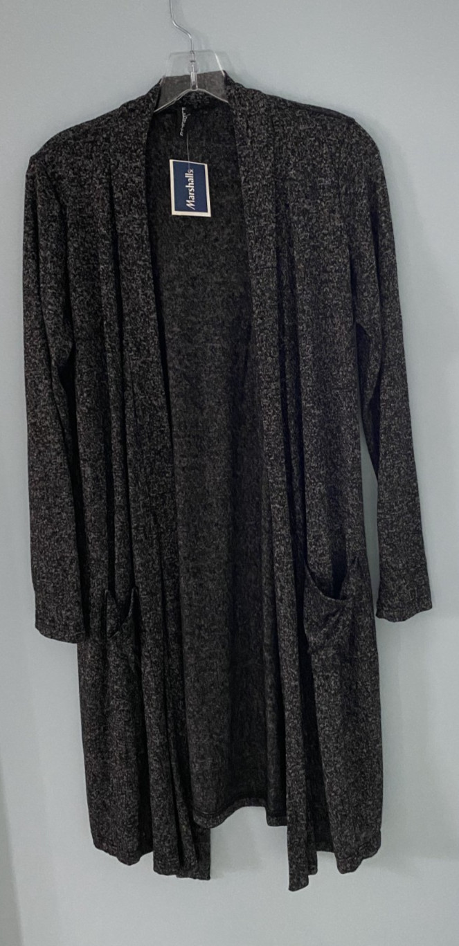 FLEURETTE BLACK AND GRAY LONG OPEN FRONT SWEATER WITH TWO POCKETS SIZE L NWT