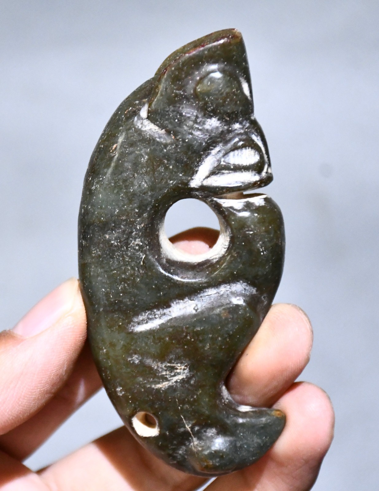 3”China Hongshan Culture Carved Yu Pig Dragon Hook Gou Bird Head Amulet Pendant