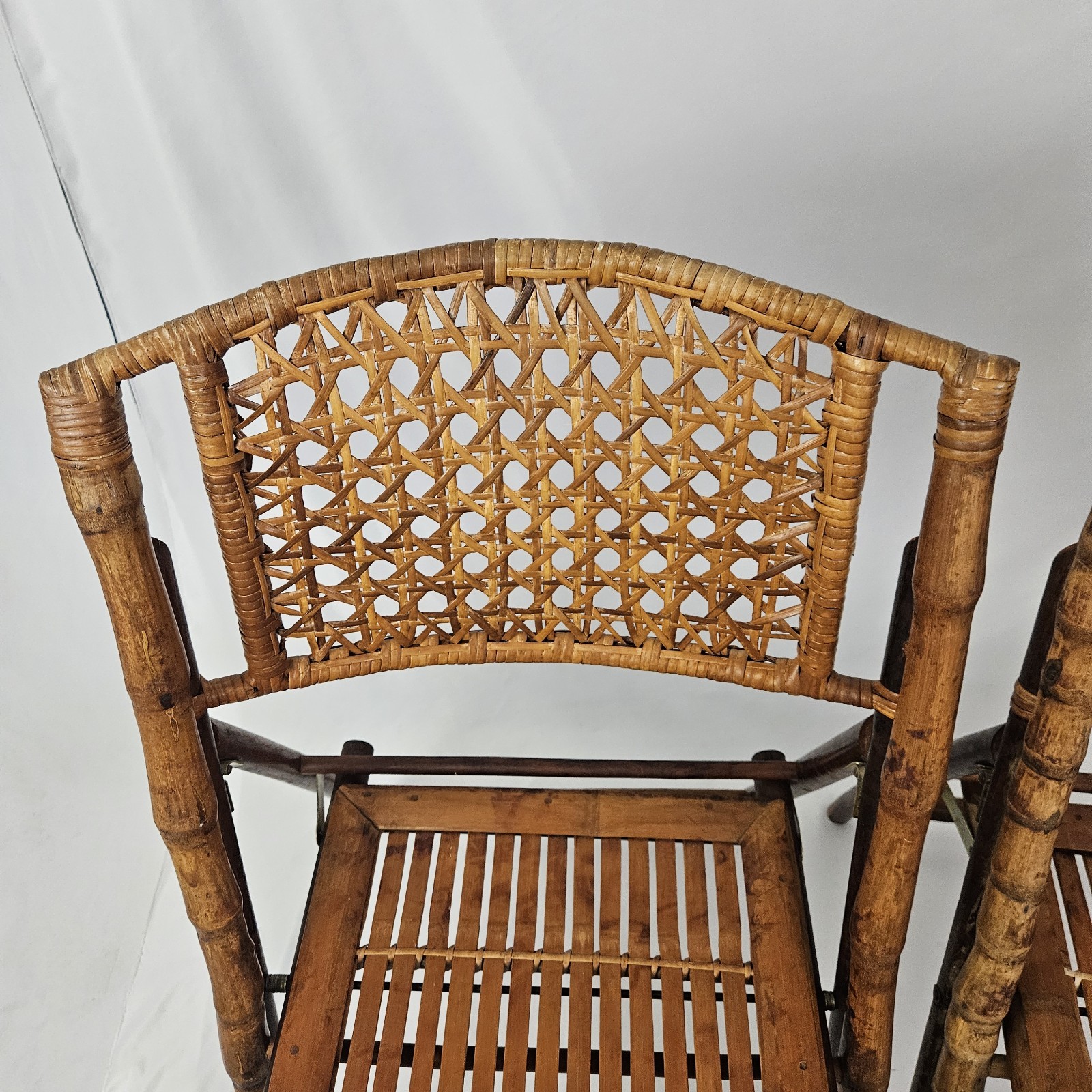 Vintage Folding Chair Set Tortoise Shell Bamboo W/Cane Back Dining MCM Boho