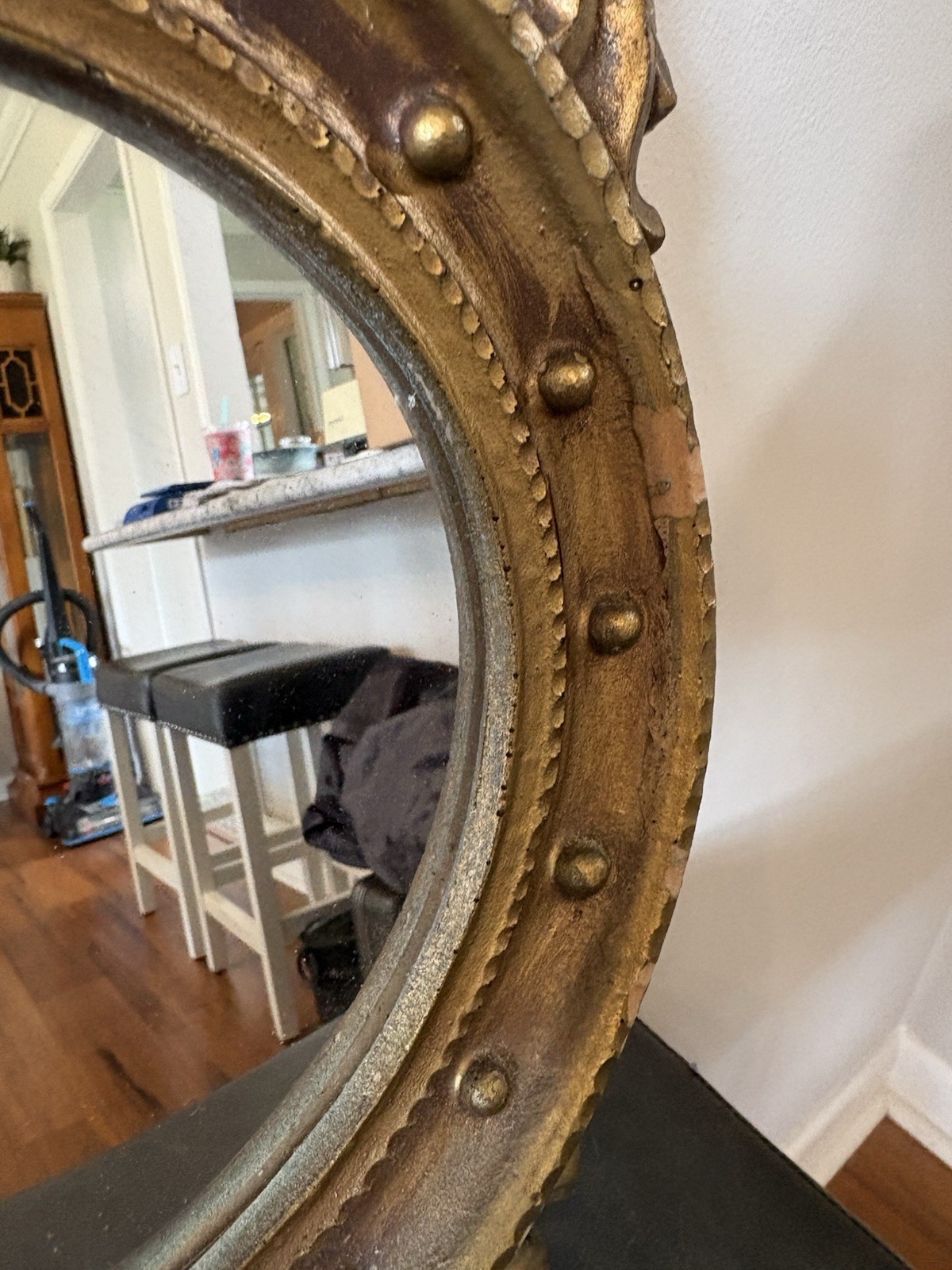 Antique Wood Federal Gold Gilt Porthole Eagle Mirror USA Distressed