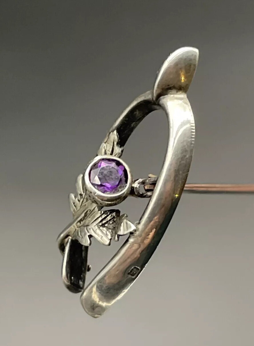 Scottish Thistle Amethyst Stone & Wishbone Sterling Silver Hatpin English 1909