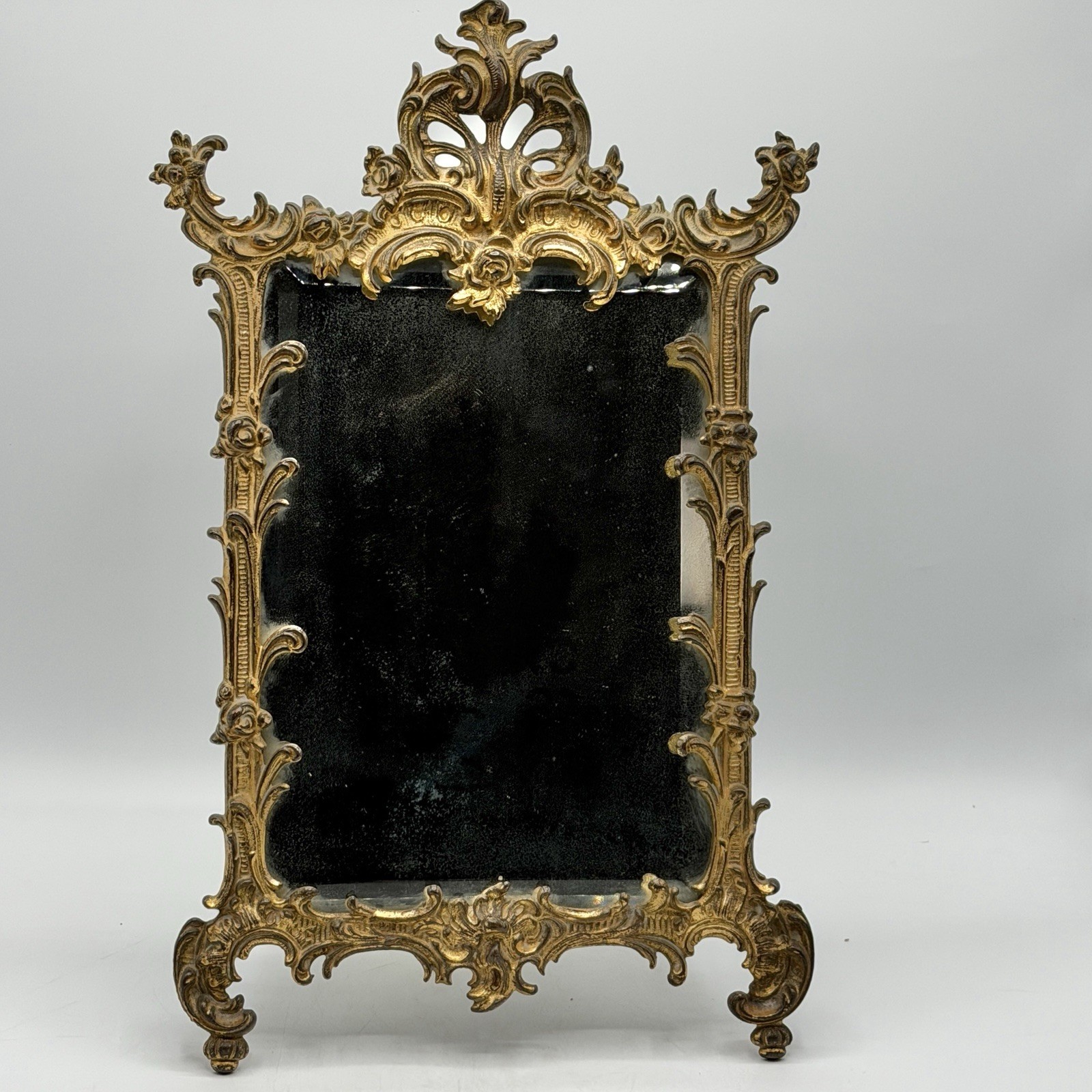 Antique Ornate Cast Iron Table Top Vanity Beveled Mirror Gilt Rose Detail /cb