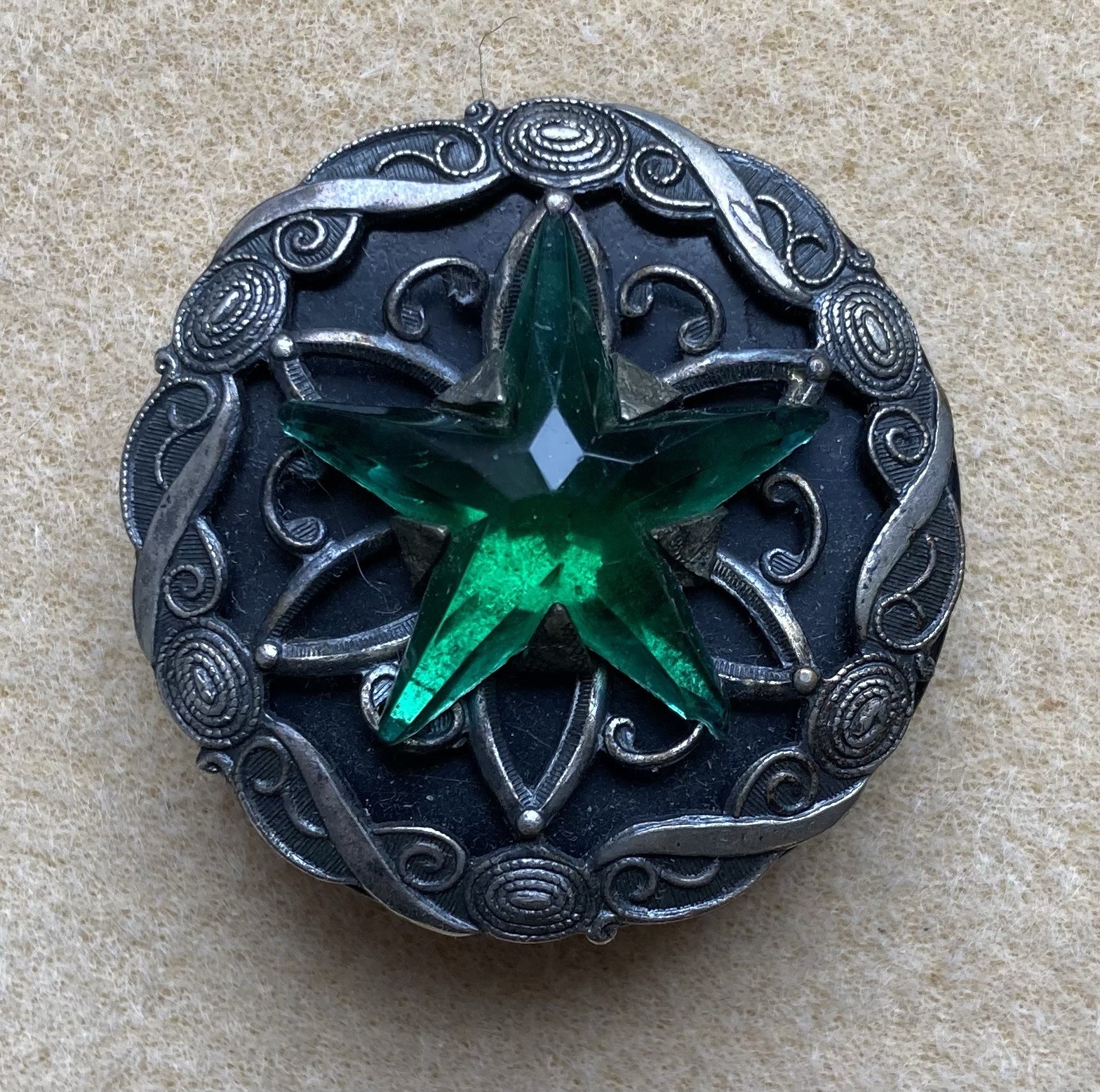Antique Vintage Black Bakelite Button with Green Glass Star Mounted in Metal