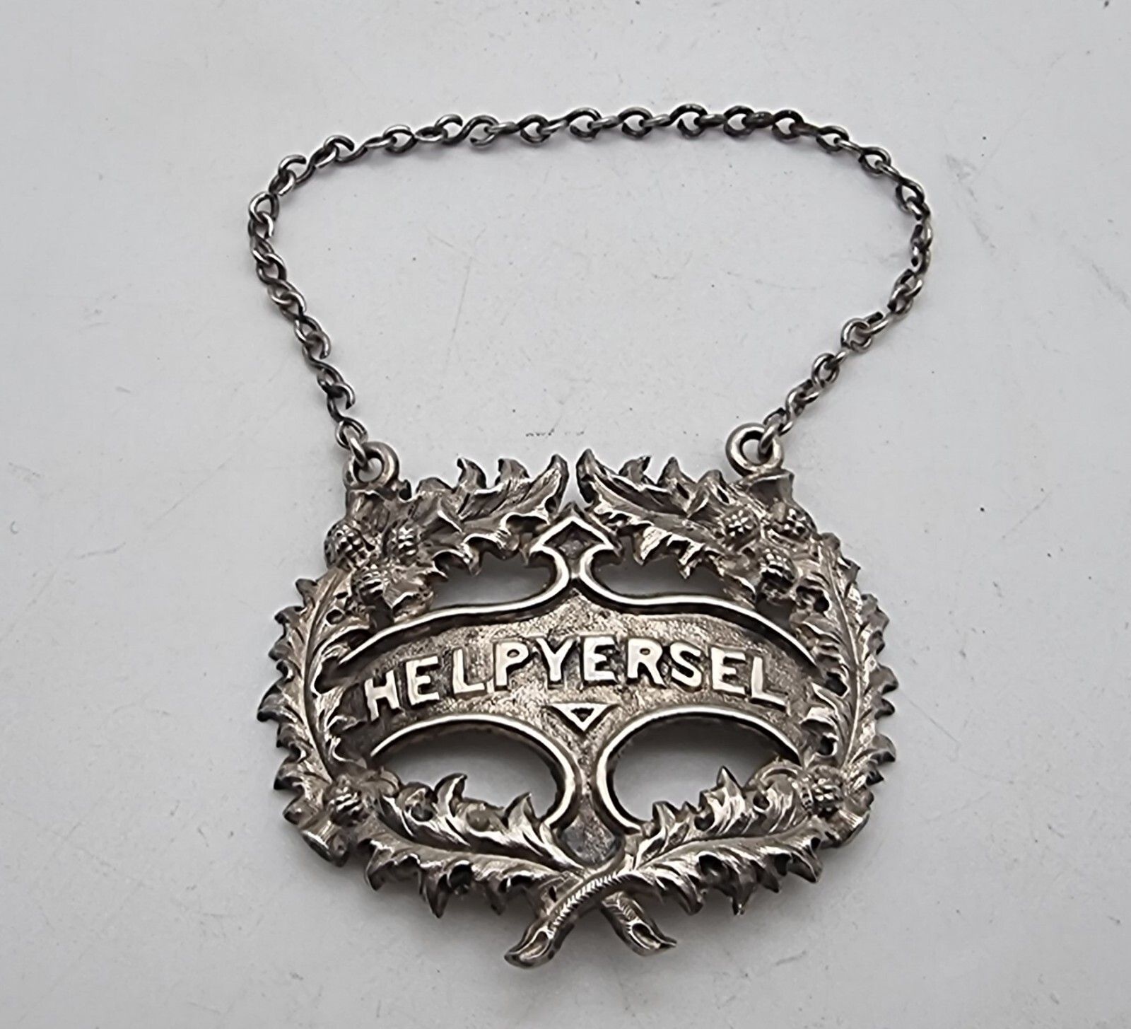 NICE SILVER PLATE SCOTTISH NOVELTY HELPYERSEL BOTTLE LABEL CIRCA 1850