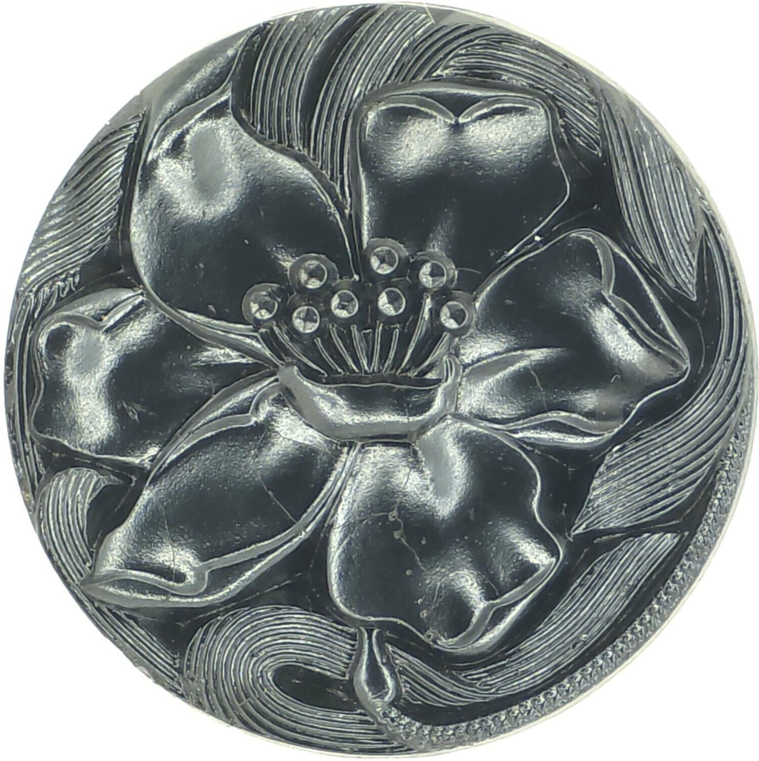 C1880s Antique Hyper Realistic Black Glass Wild Rose Flower Picture Button