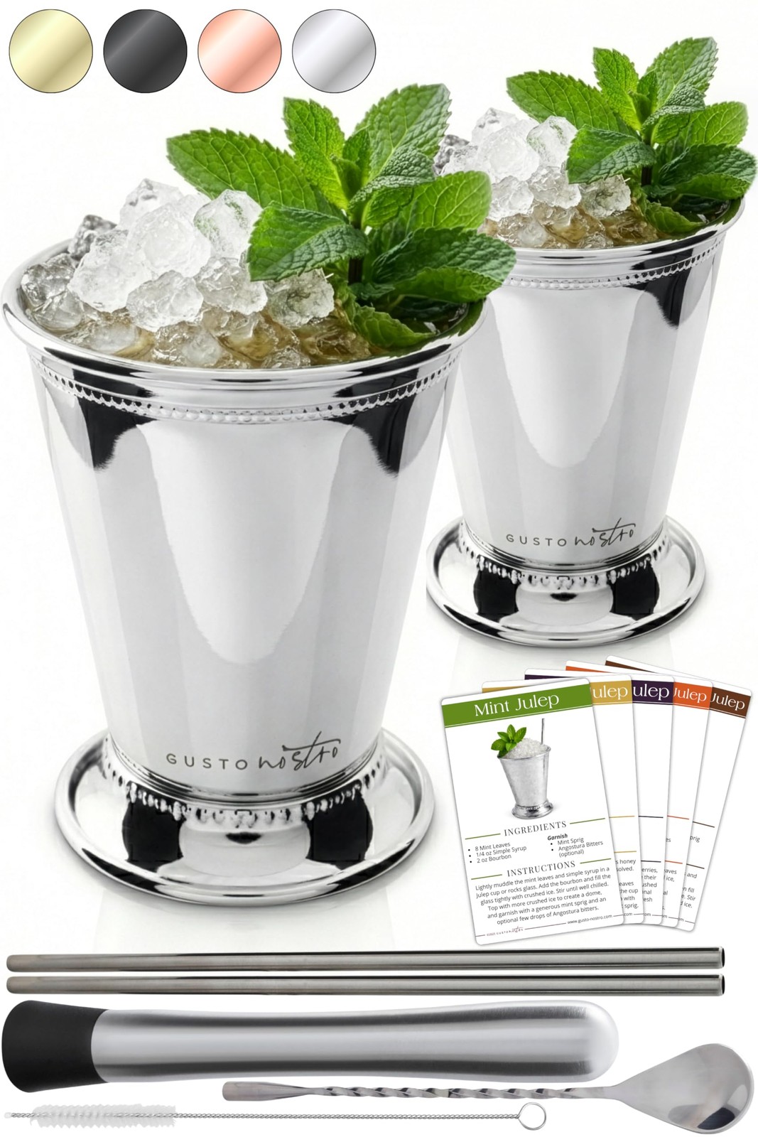 Silver Stainless Steel Mint Julep Cocktail Cups Kit 2 PCS Straws Muddler Spoon