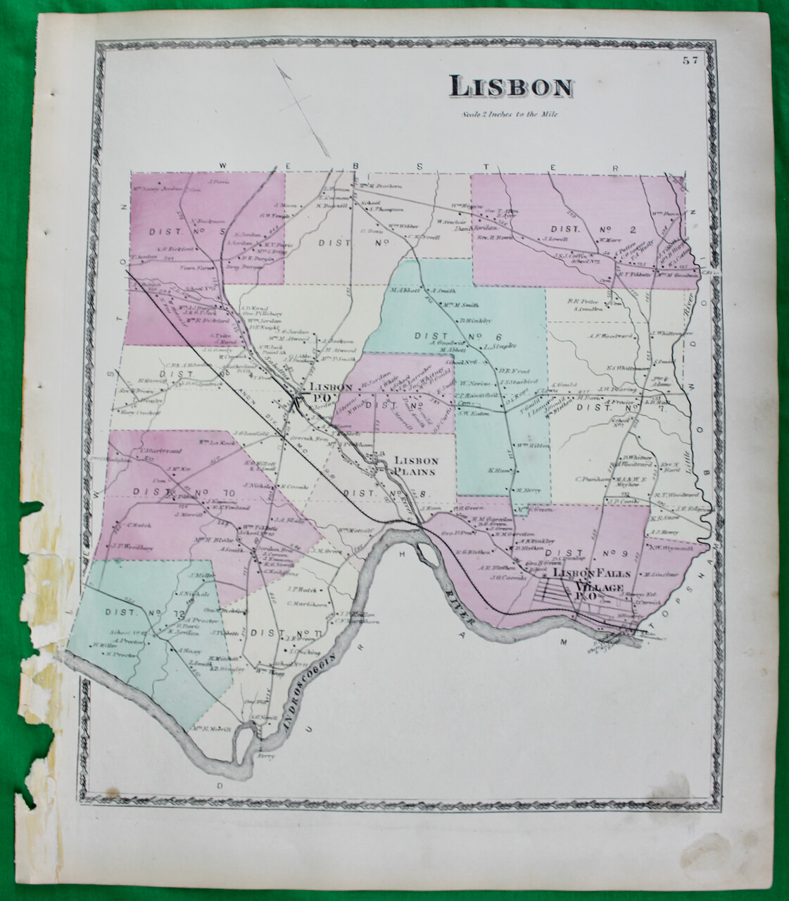 Original 1873 Sanford Everts & Co. Maine Androscoggin County Lisbon Map
