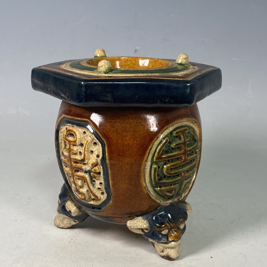 5.1″ old antique song dynasty tricolor Porcelain three feet drum nail brush pot