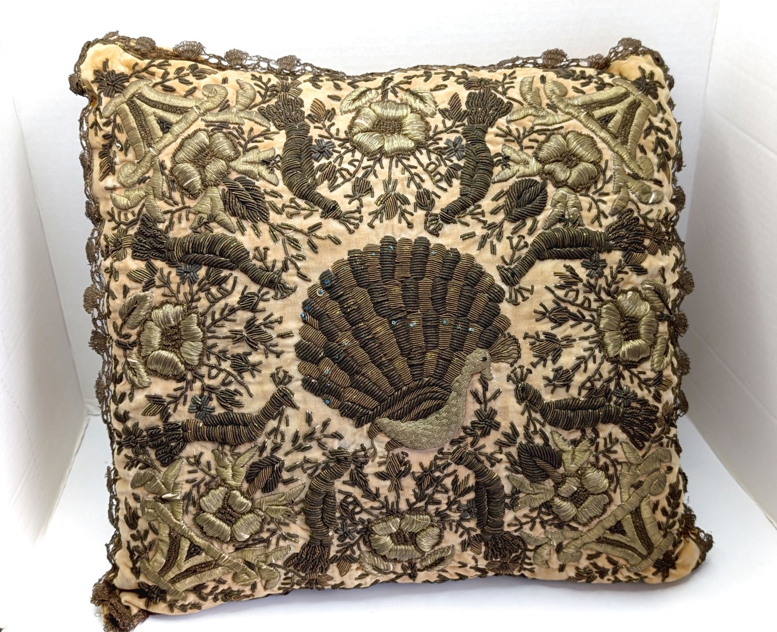 Antique Islamic Ottoman Empire Textile Birds Flowers Metallic Embroidered Pillow