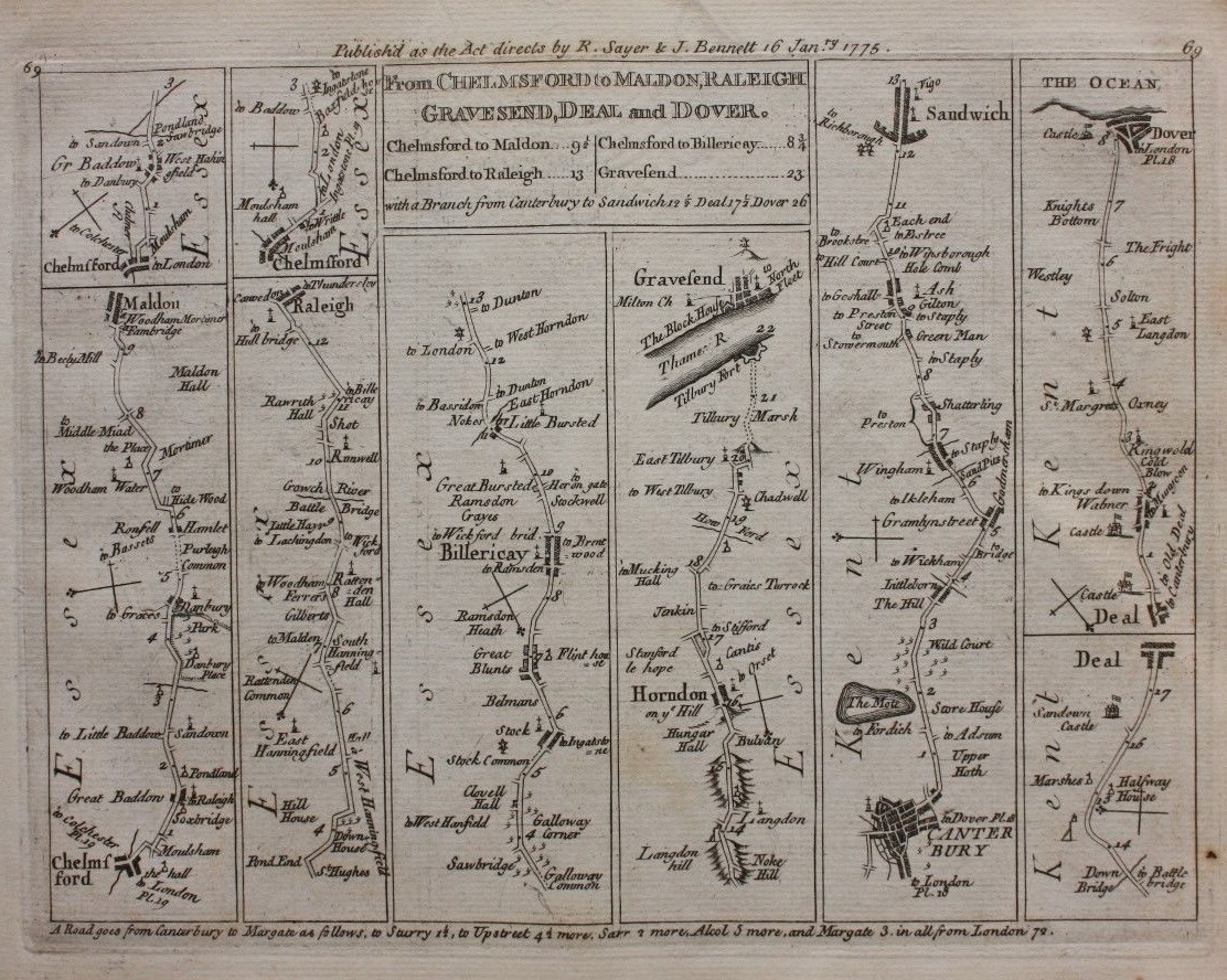 Original antique map ESSEX, GRAVESEND, KENT, DOVER, WALES, DENBIGH Jefferys 1775