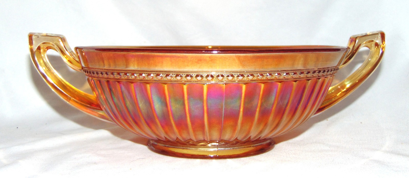 Imperial Glass 11-1/4″ Handled Bowl Optic & Buttons Marigold Carnival Glass