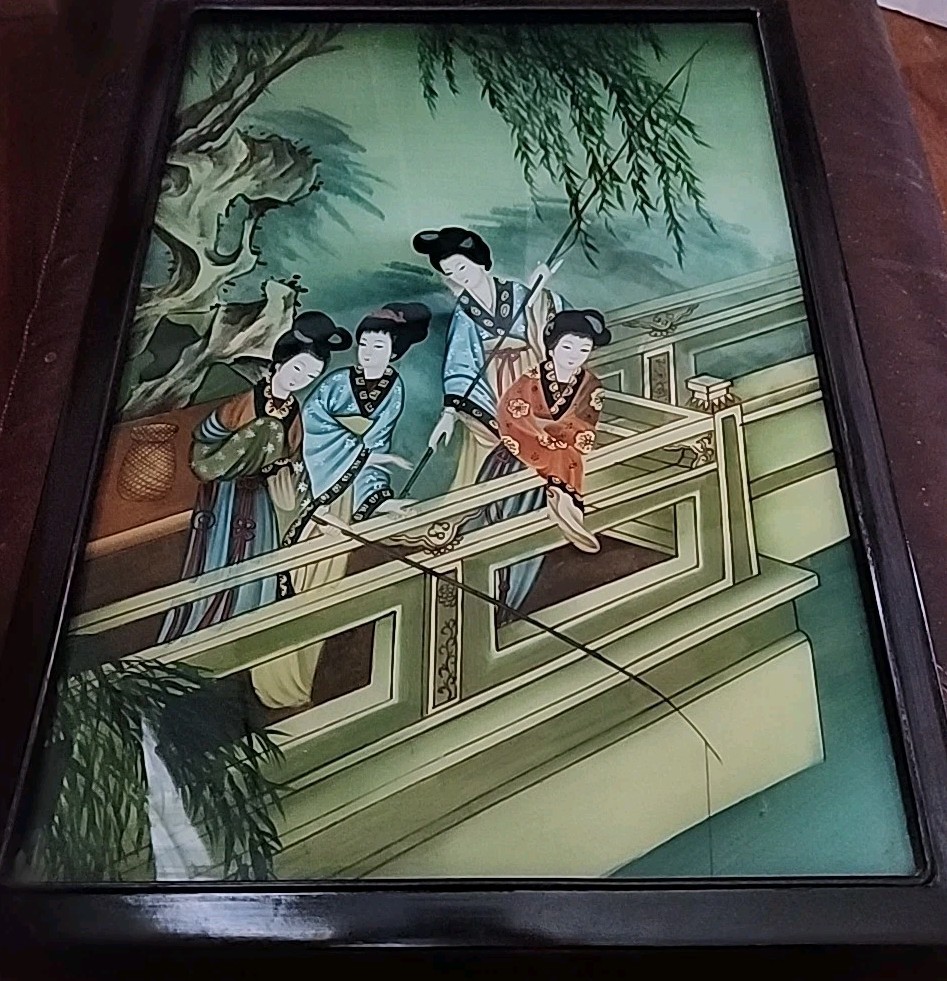 Vtg Oriental Chinese Reverse Painting on Glass 23″ x 16″ Geisha Girls Fishing