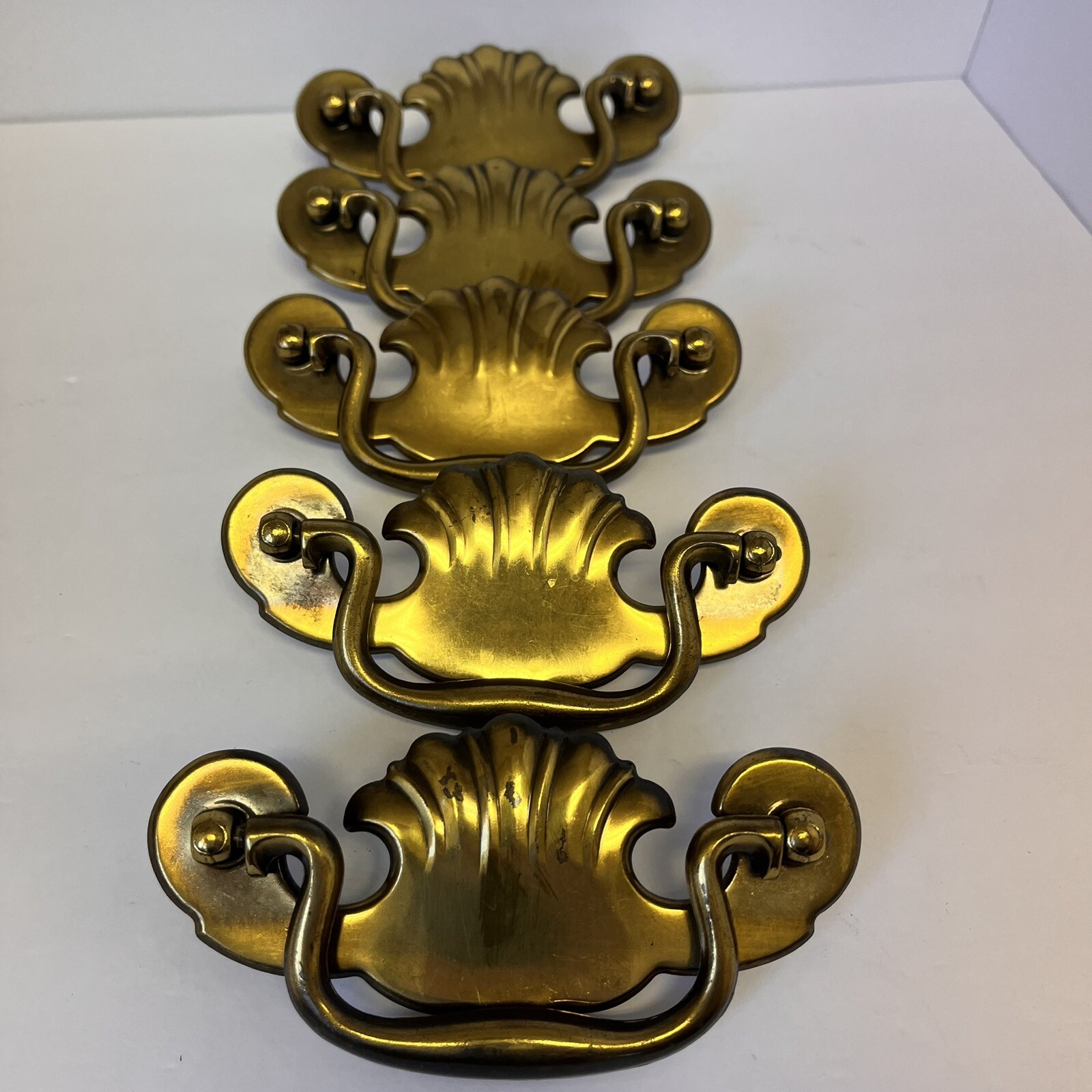 VTG 5 KBC Keeler Brass Tone Crown Shell Drawer Pulls Bat Wing 5”x2 3/16” 1930s