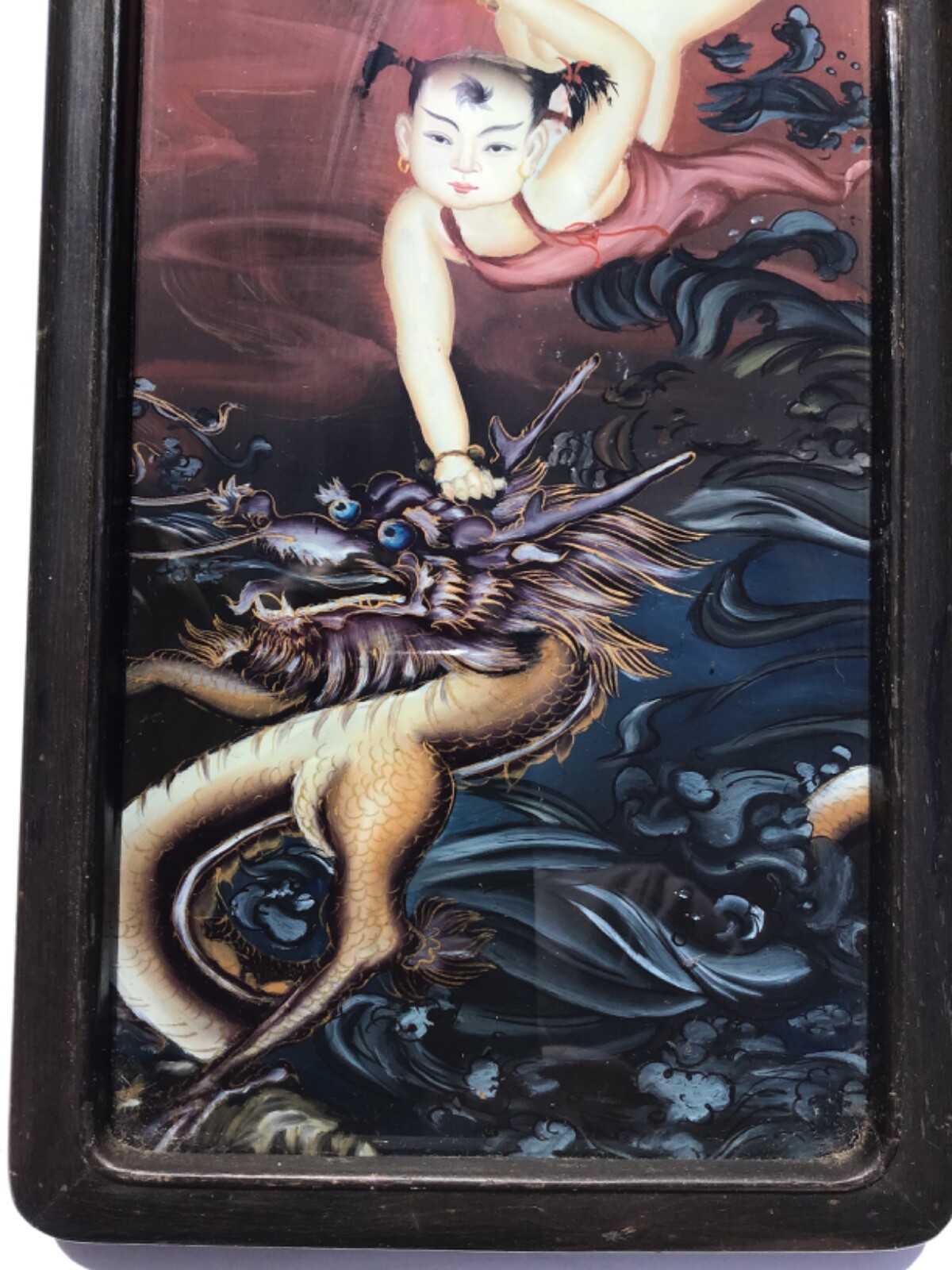 Two Antique Reverse Painted Chinese Childern Riding Dragons