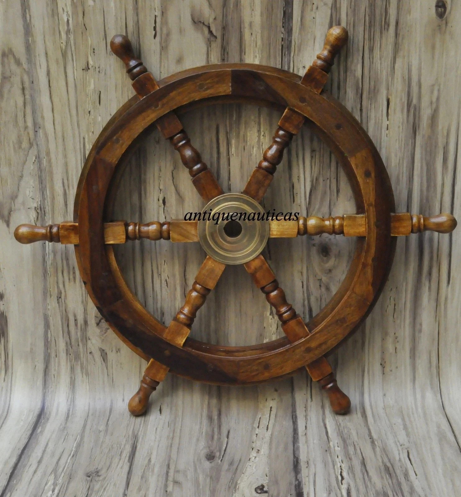 18″Nautical Wooden Ship Steering Wheel Pirate Decor Wood Brass Fishing Wall Boat