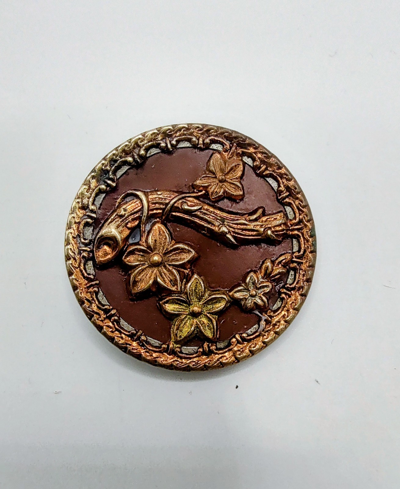 Victorian Copper Colored Metal Branch With Flowers, 1″ Steel Back /Shank Button