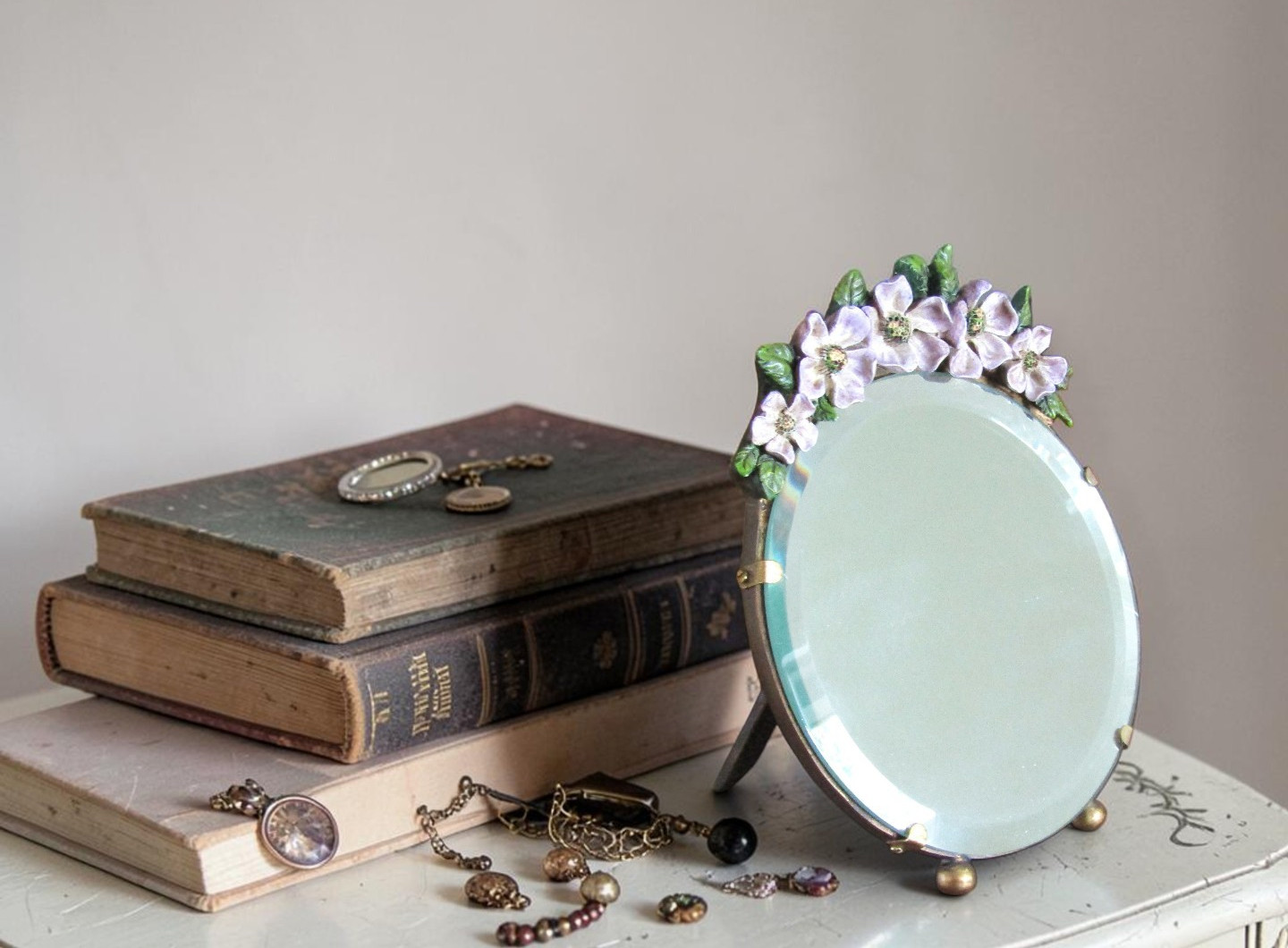 Vintage Reproduction Barbola Small Dresser Tabletop Mirror English Bedroom Decor