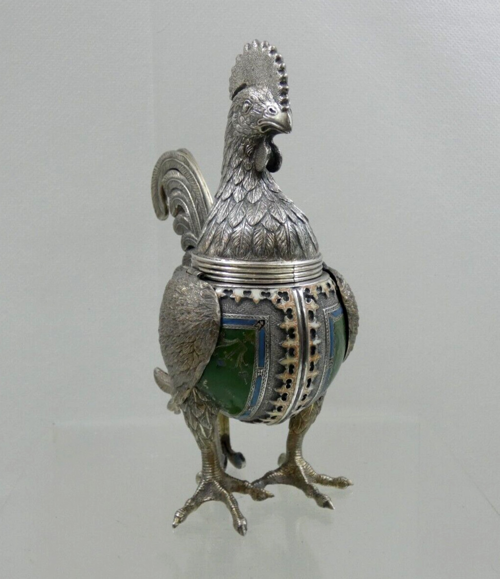 ANTIQUE SILVER ENAMEL SPICE CONTAINER BESAMIM HAVDALAH JUDAICA Figural Rooster