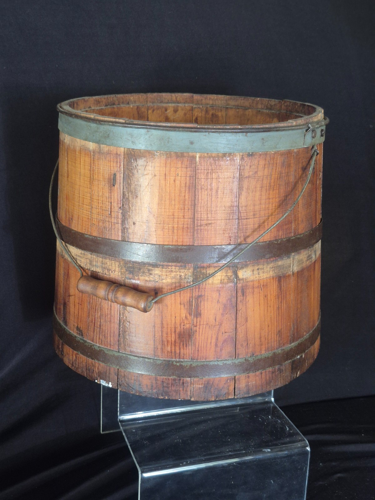 Antique Wooden Firkin Bucket Primitive Farmhouse Butter Pail Staved Wood 12″