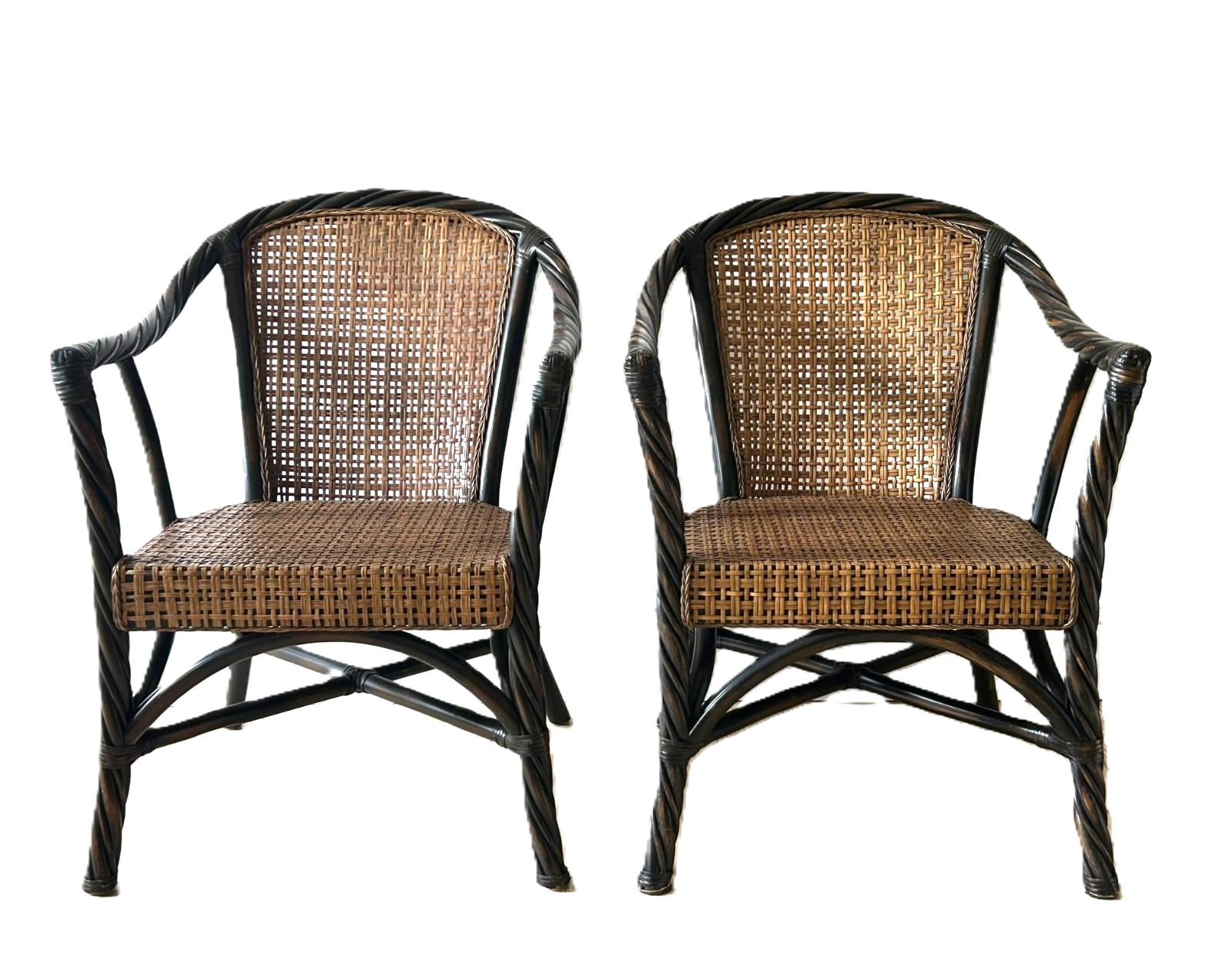 Vtg Pier 1 Set of Two Barley Twist Ebonized Wicker Rattan Chairs